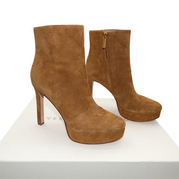 NIB Veronica Beard Dali Tan Suede Platform High Heel Booties Zip Leather Sole 7M - Picture 1 of 8